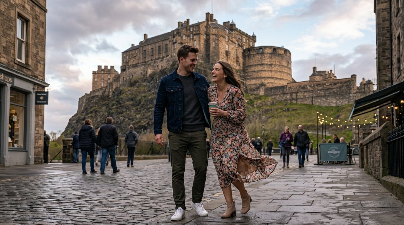 Couple walking near Edinburgh Castle — protect yourself and your partner with the HPV vaccine at Bruntsfield Pharmacy Travel and Health Clinic