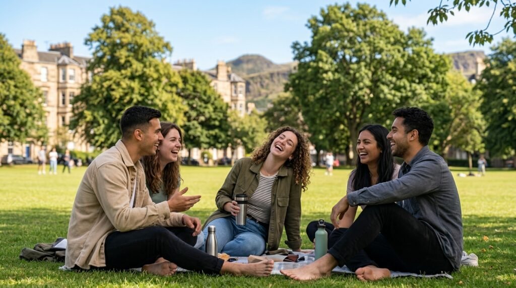 Group of young adults enjoying Edinburgh outdoors — HPV vaccine available privately at Bruntsfield Pharmacy Travel and Health Clinic