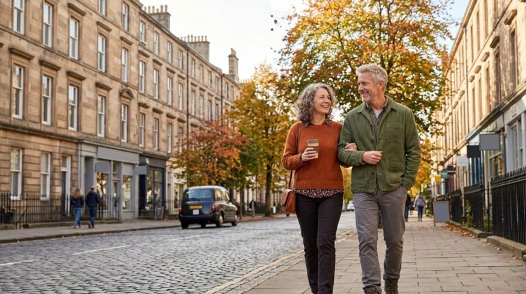 Man and woman in their fifties walking along Bruntsfield Place, Edinburgh, near Bruntsfield Pharmacy Travel and Health Clinic