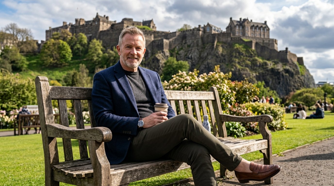 Man in his early sixties in Princes Street Gardens Edinburgh — private shingles vaccine available nearby at Bruntsfield Pharmacy