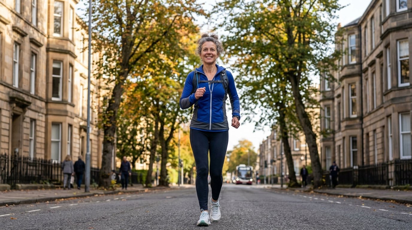 Woman in her mid-fifties walking through Marchmont, Edinburgh, close to Bruntsfield Pharmacy Travel and Health Clinic