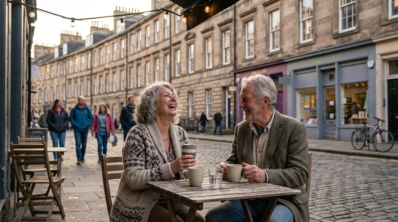 Older couple sitting outside a café on a cobbled Edinburgh street — protected against shingles and post-herpetic neuralgia with Shingrix