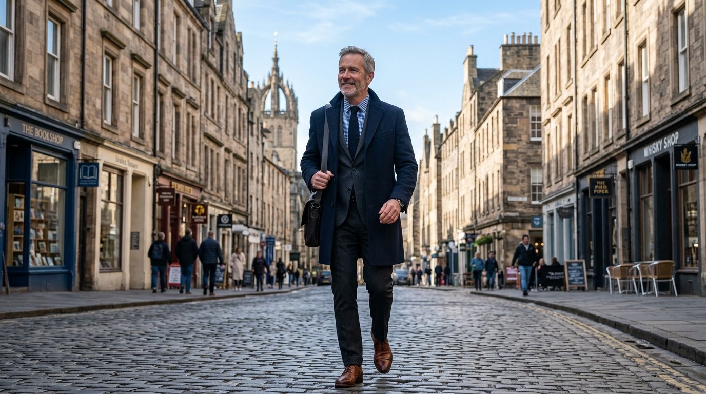 Confident man in his mid-fifties walking along Bruntsfield Place Edinburgh, close to Edinburgh Vaccination Clinic (Bruntsfield Pharmacy)