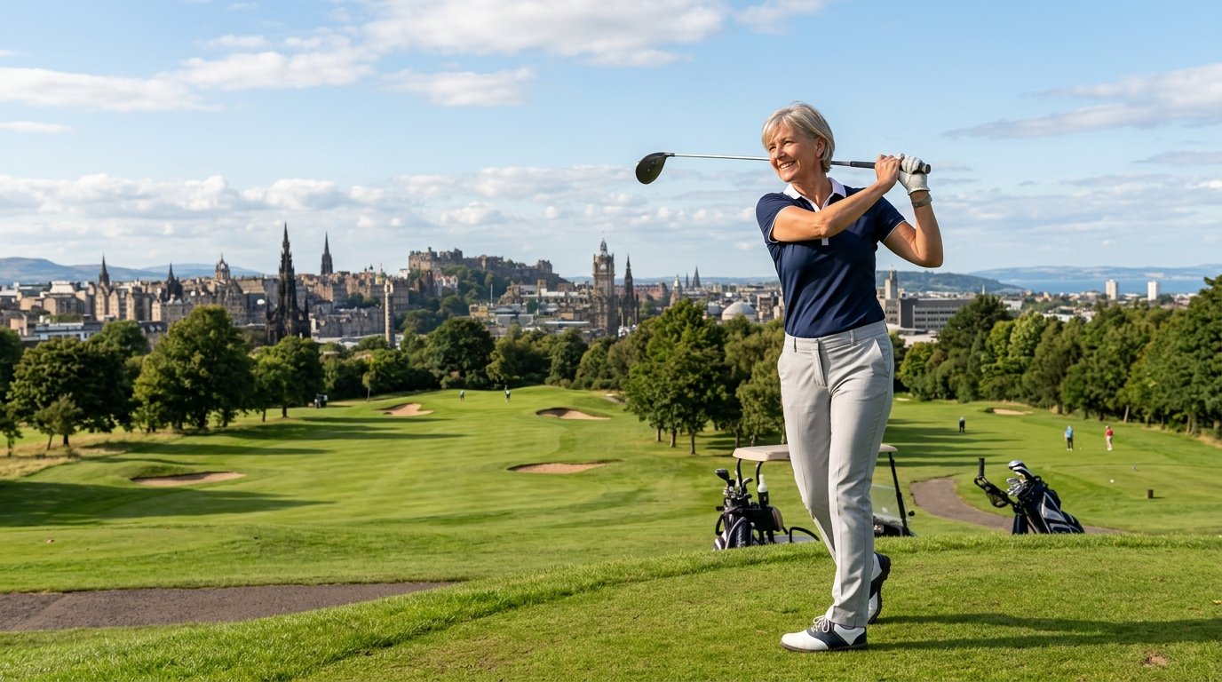 Fit woman in her late fifties playing golf in Edinburgh — protect against shingles with the Shingrix vaccine at Edinburgh Vaccination Clinic