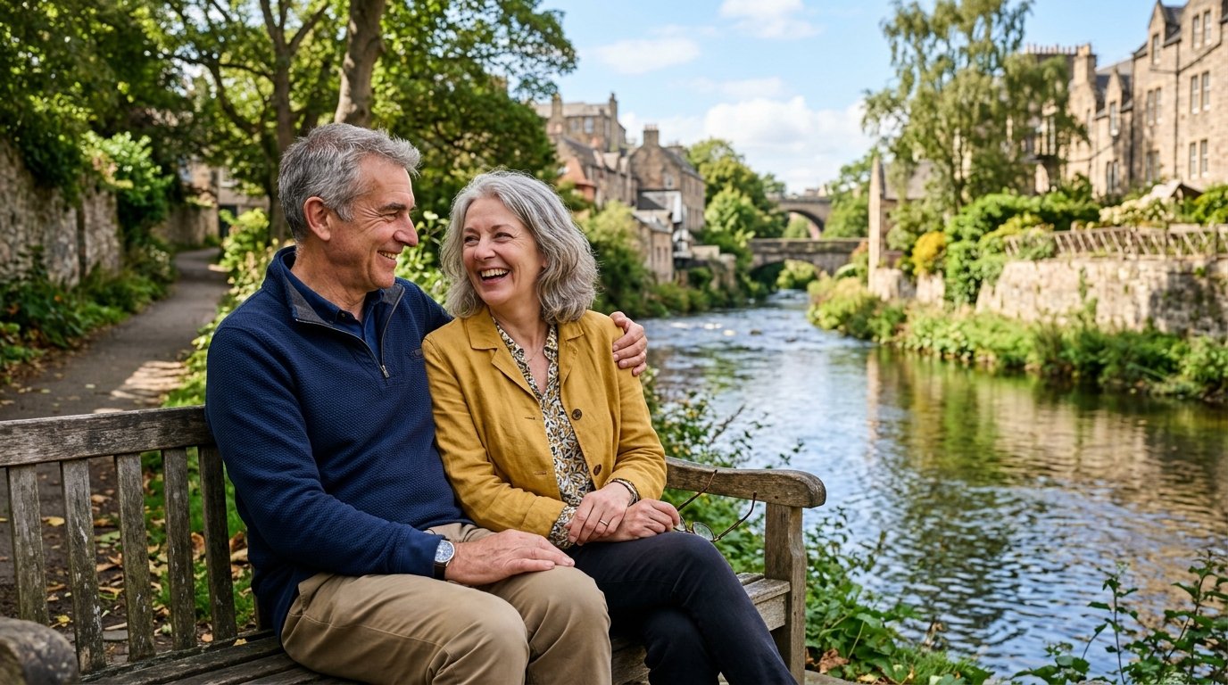 Couple in their early sixties relaxing by the Water of Leith in Edinburgh — private shingles vaccine over 50 available at Edinburgh Vaccination Clinic (Bruntsfield Pharmacy)