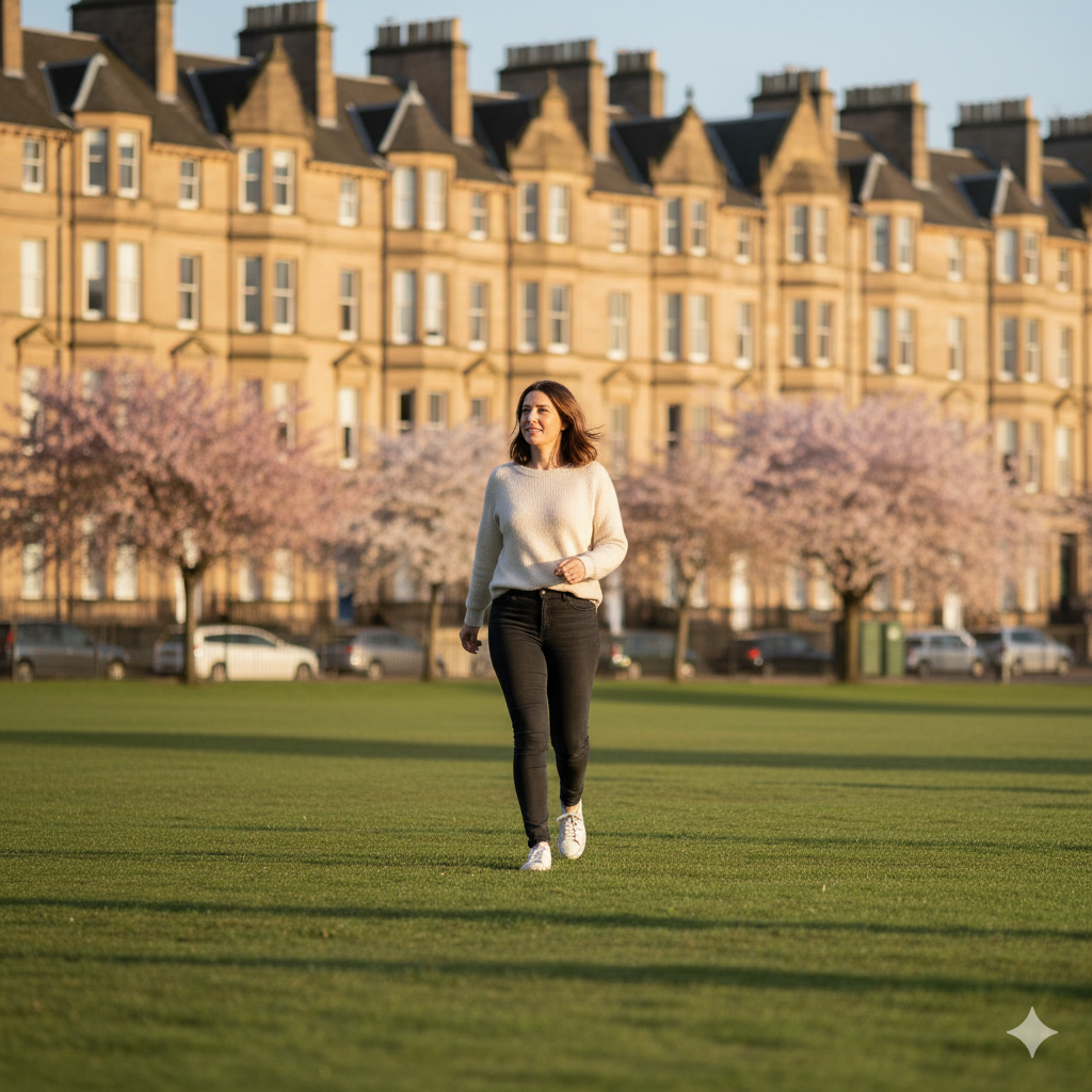Woman in her late twenties walking through Bruntsfield Links in Edinburgh on a bright spring morning