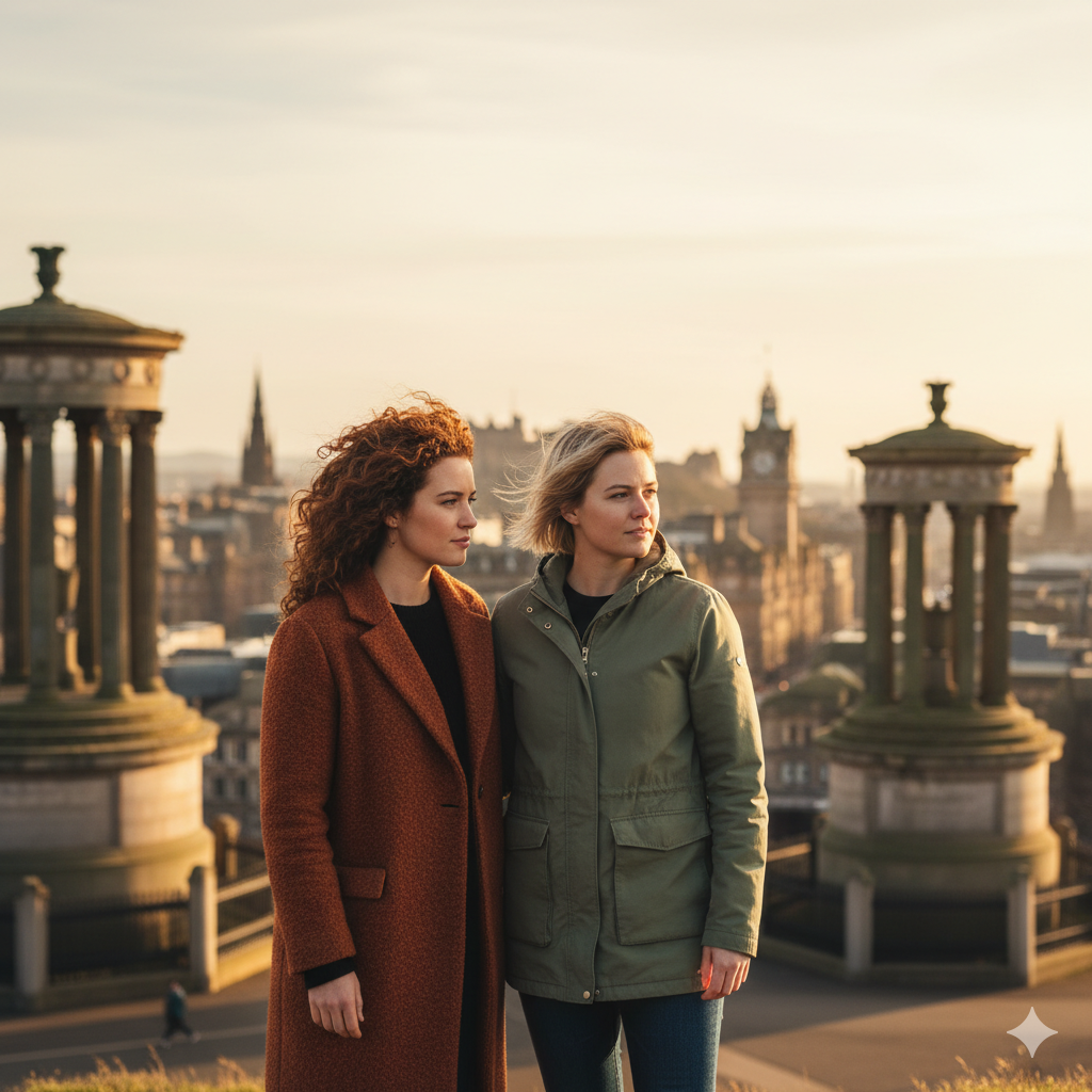 Couple in their late twenties looking out over Edinburgh from Calton Hill at sunset