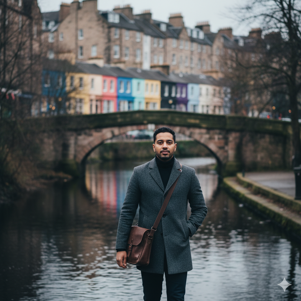 Young professional crossing the bridge over the Water of Leith in Stockbridge, Edinburgh