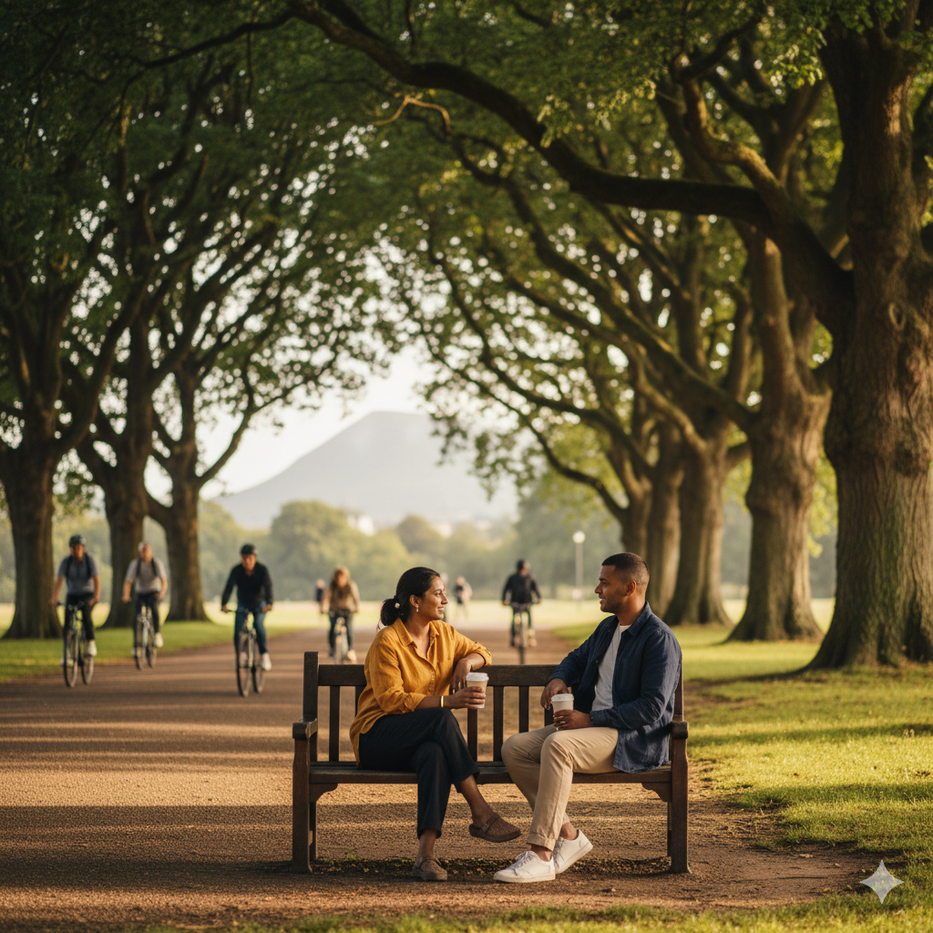 Two friends in their thirties chatting on a bench along Middle Meadow Walk in Edinburgh