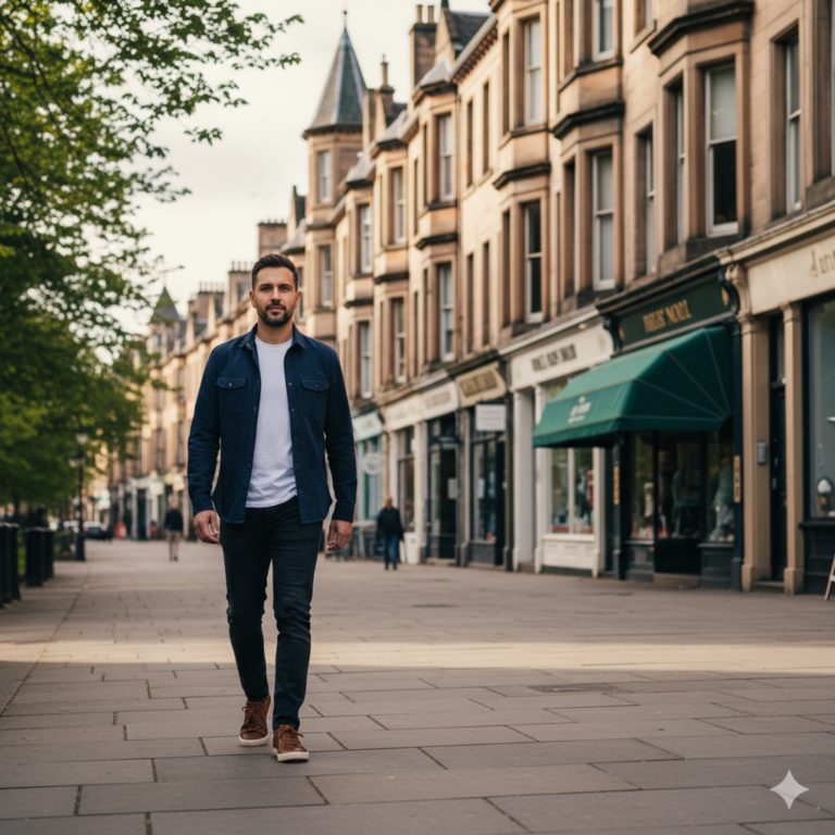 Confident man in his early thirties walking along Bruntsfield Place in Edinburgh on a bright spring morning