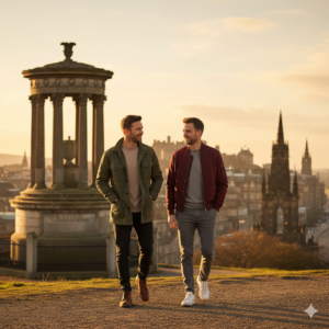 Two men in their thirties walking together near the top of Calton Hill in Edinburgh with the city skyline behind them