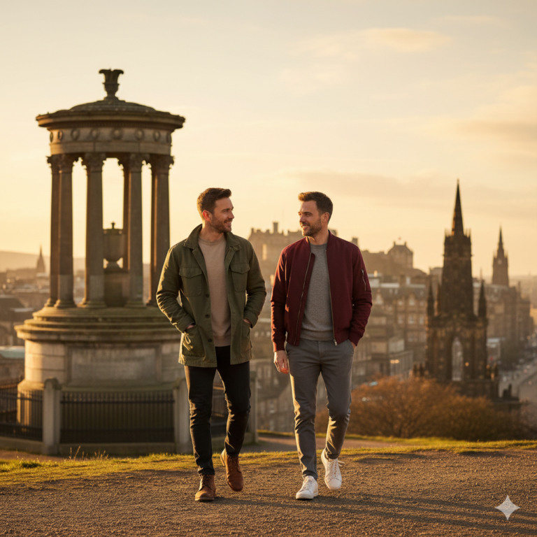 Two men in their thirties walking together near the top of Calton Hill in Edinburgh with the city skyline behind them