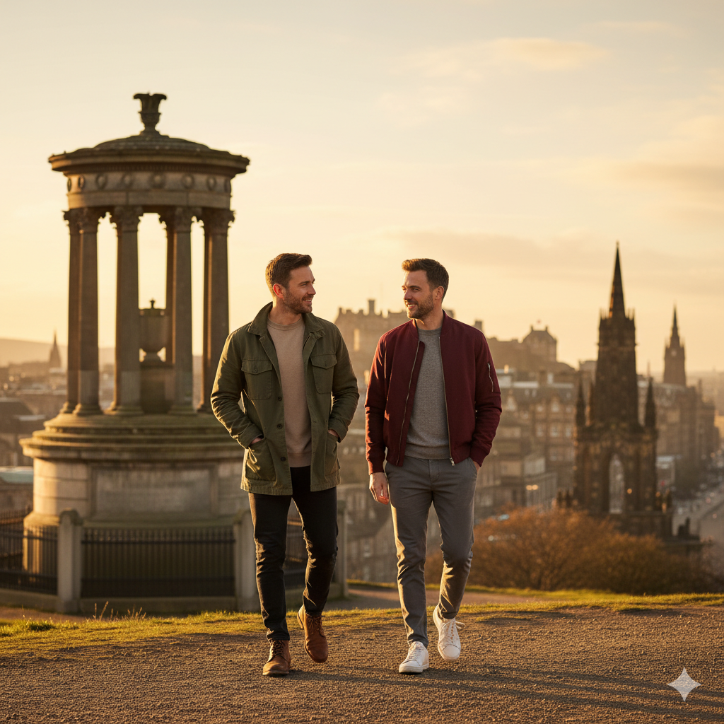 Two men in their thirties walking together near the top of Calton Hill in Edinburgh with the city skyline behind them