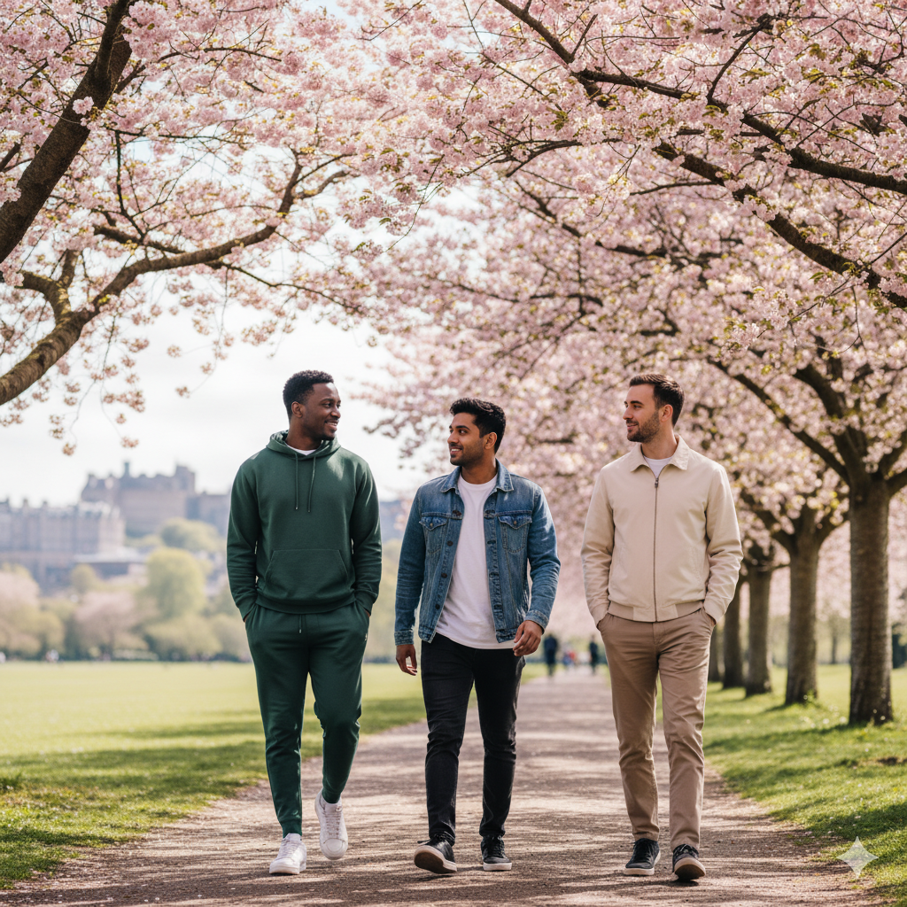 Three male friends in their mid-twenties walking together along Middle Meadow Walk in Edinburgh on a bright spring afternoon