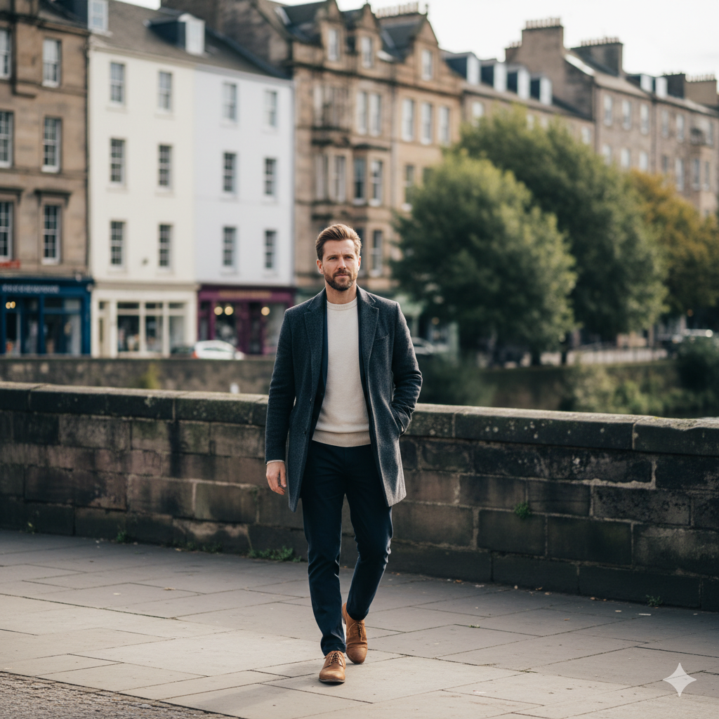 Man in his late thirties walking across the stone bridge over the Water of Leith in Stockbridge Edinburgh on a sunny afternoon