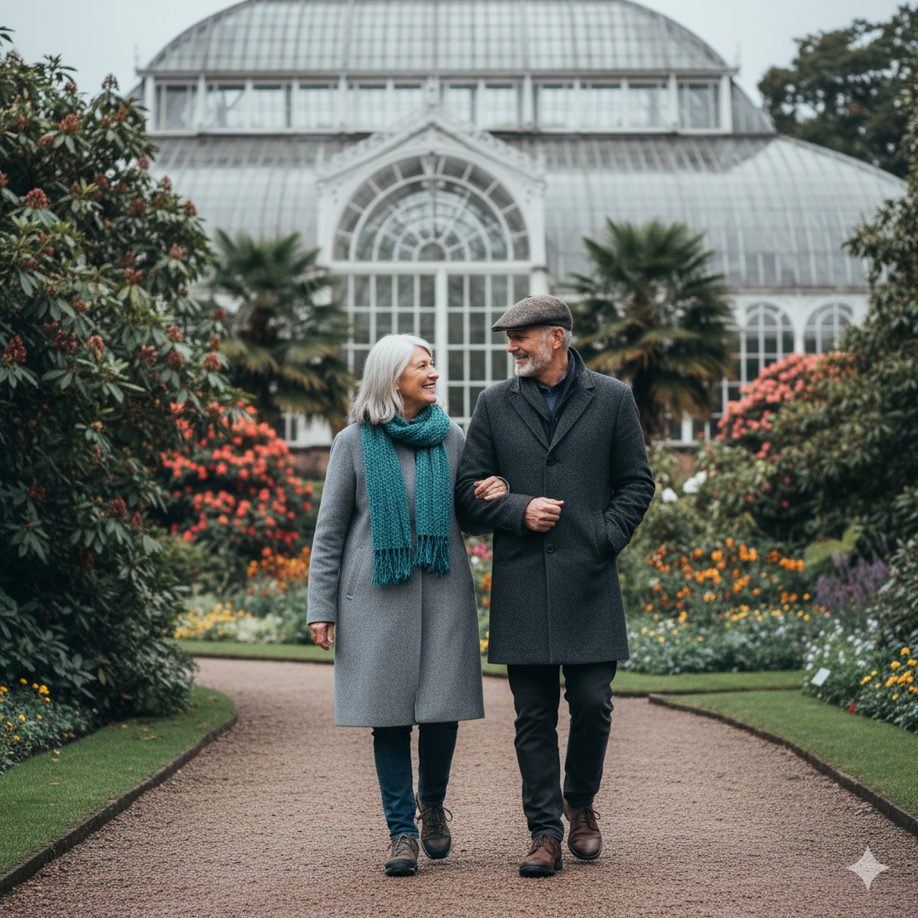 Couple in their late sixties enjoying a stroll through the Royal Botanic Garden Edinburgh in Inverleith