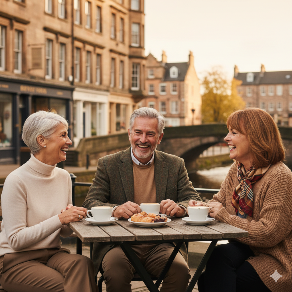 Group of three friends in their sixties enjoying coffee outside a café on Raeburn Place in Stockbridge, Edinburgh