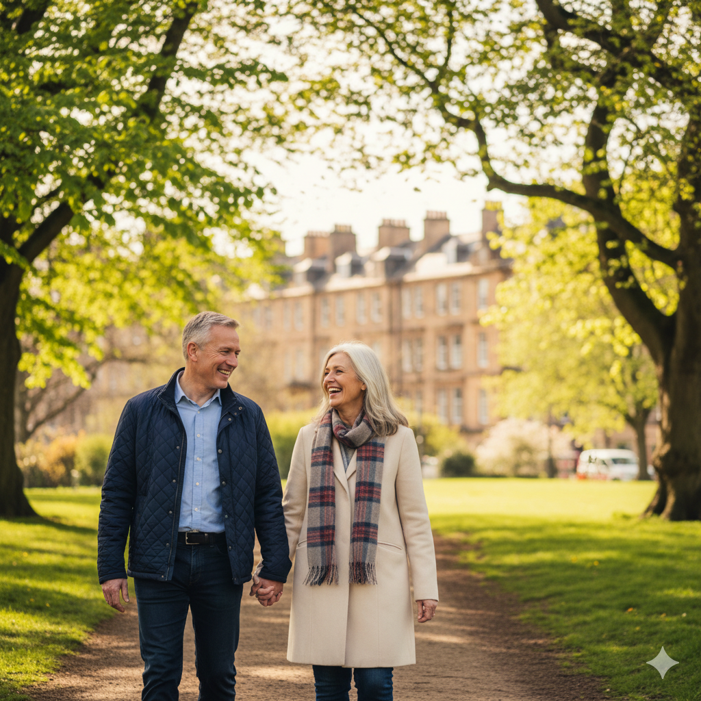 Active couple in their late fifties walking through Bruntsfield Links park in Edinburgh on a bright spring morning