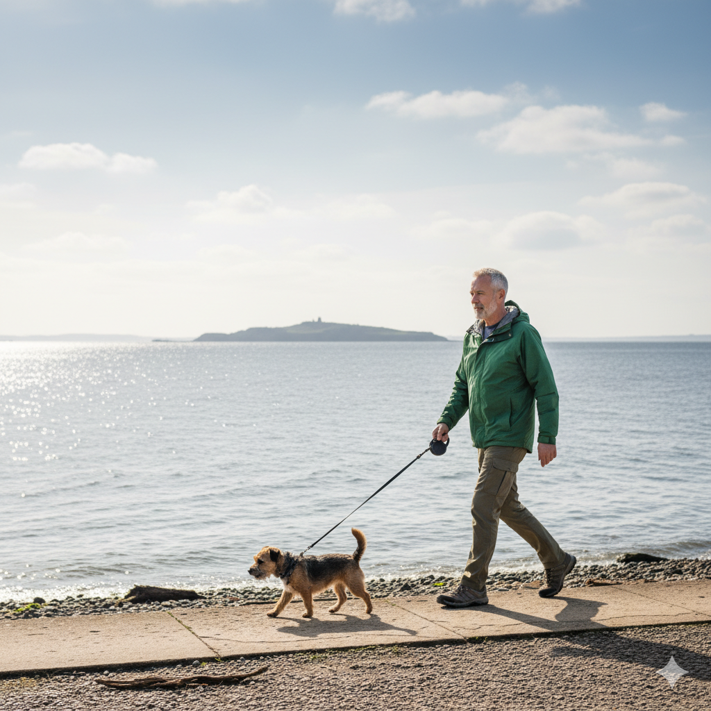 Healthy man in his early sixties walking a Border Terrier along Cramond Promenade with the Firth of Forth in the background