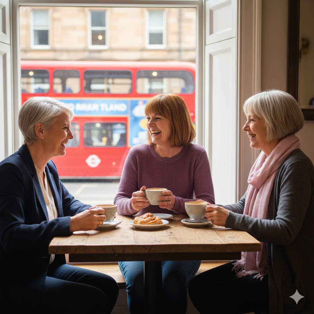 Three friends in their fifties and sixties laughing together over coffee in a bright independent café on Morningside Road, Edinburgh