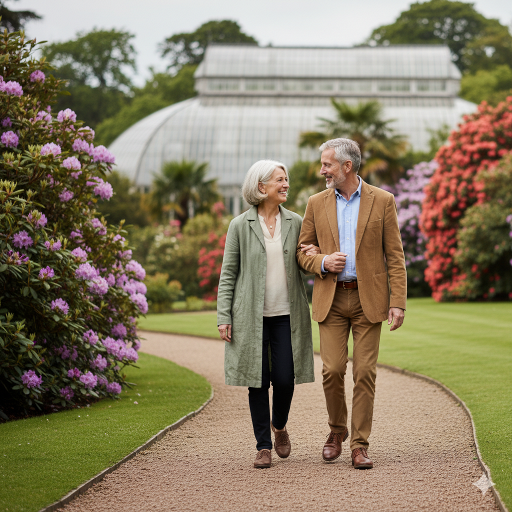 Couple in their sixties walking arm in arm along a path in the Royal Botanic Garden Edinburgh in spring