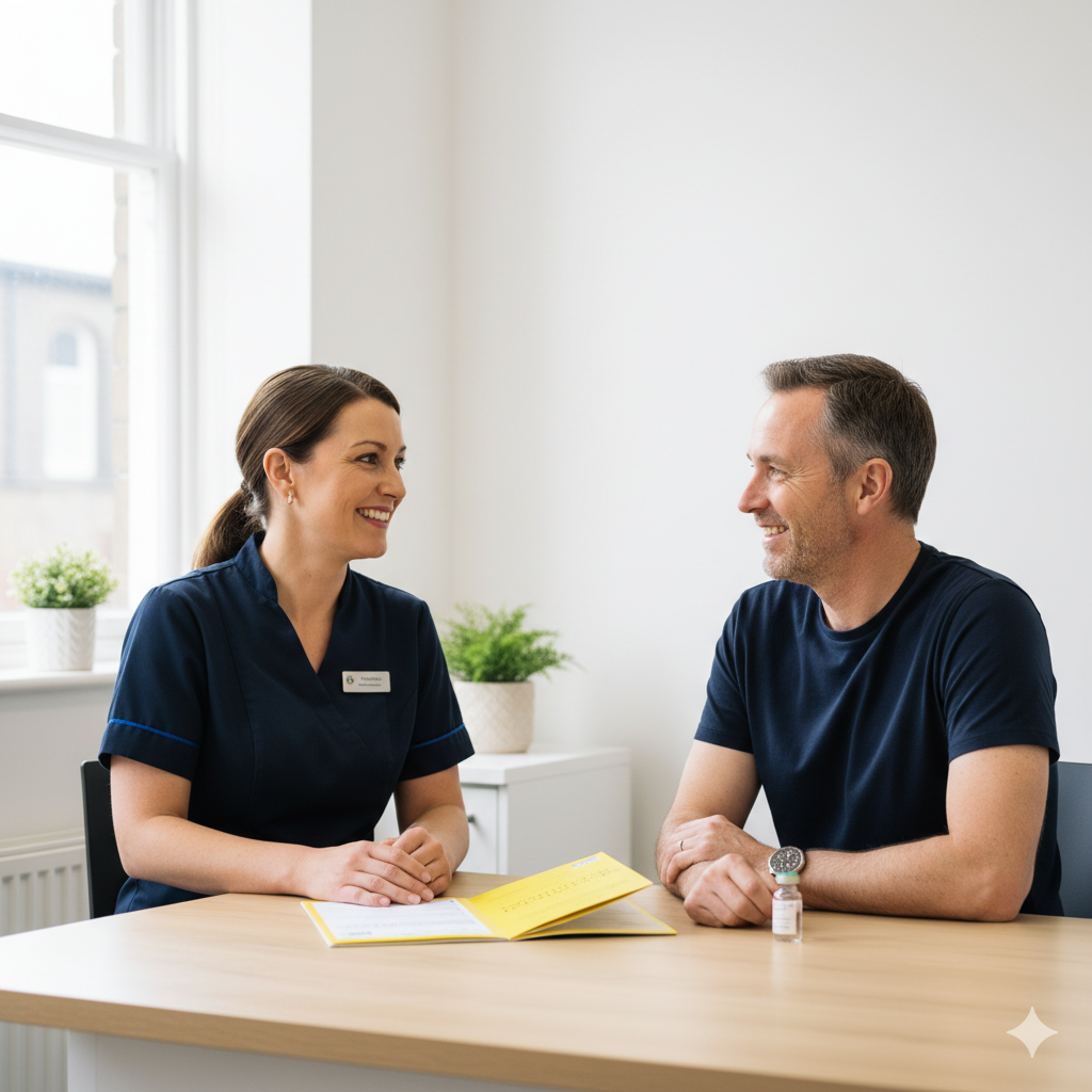 Pharmacist in Edinburgh discussing travel vaccines for Africa with a patient during a consultation