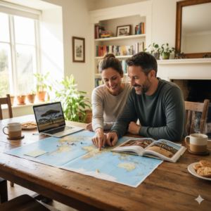 Couple at home looking at maps and travel guides while planning a trip to Africa