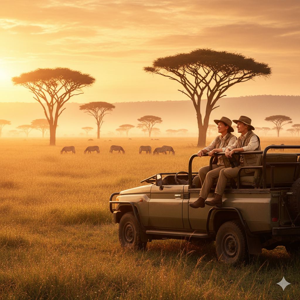 Couple in safari clothing watching wildlife from a 4x4 in East Africa at sunrise, a typical yellow fever risk area