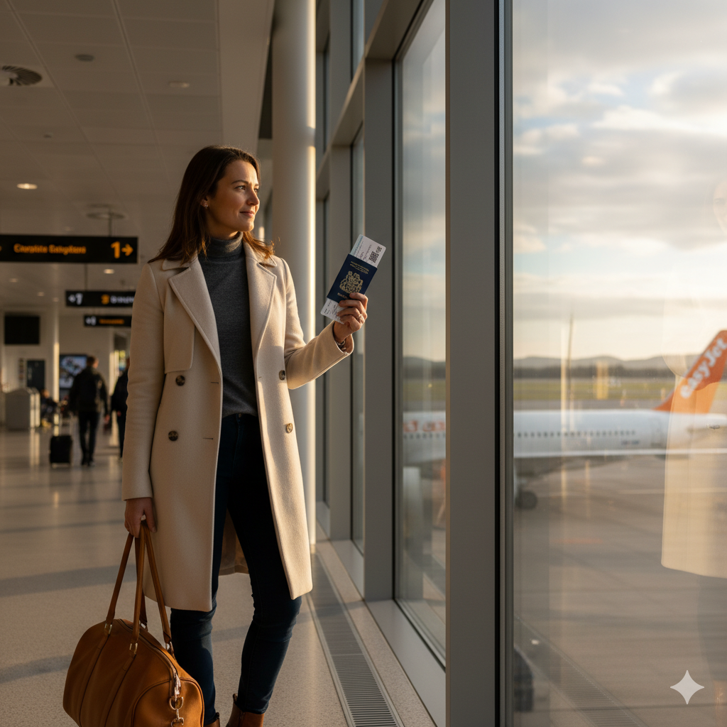 Adult traveller in their thirties checking documents at Edinburgh Airport before a long-haul flight to Africa