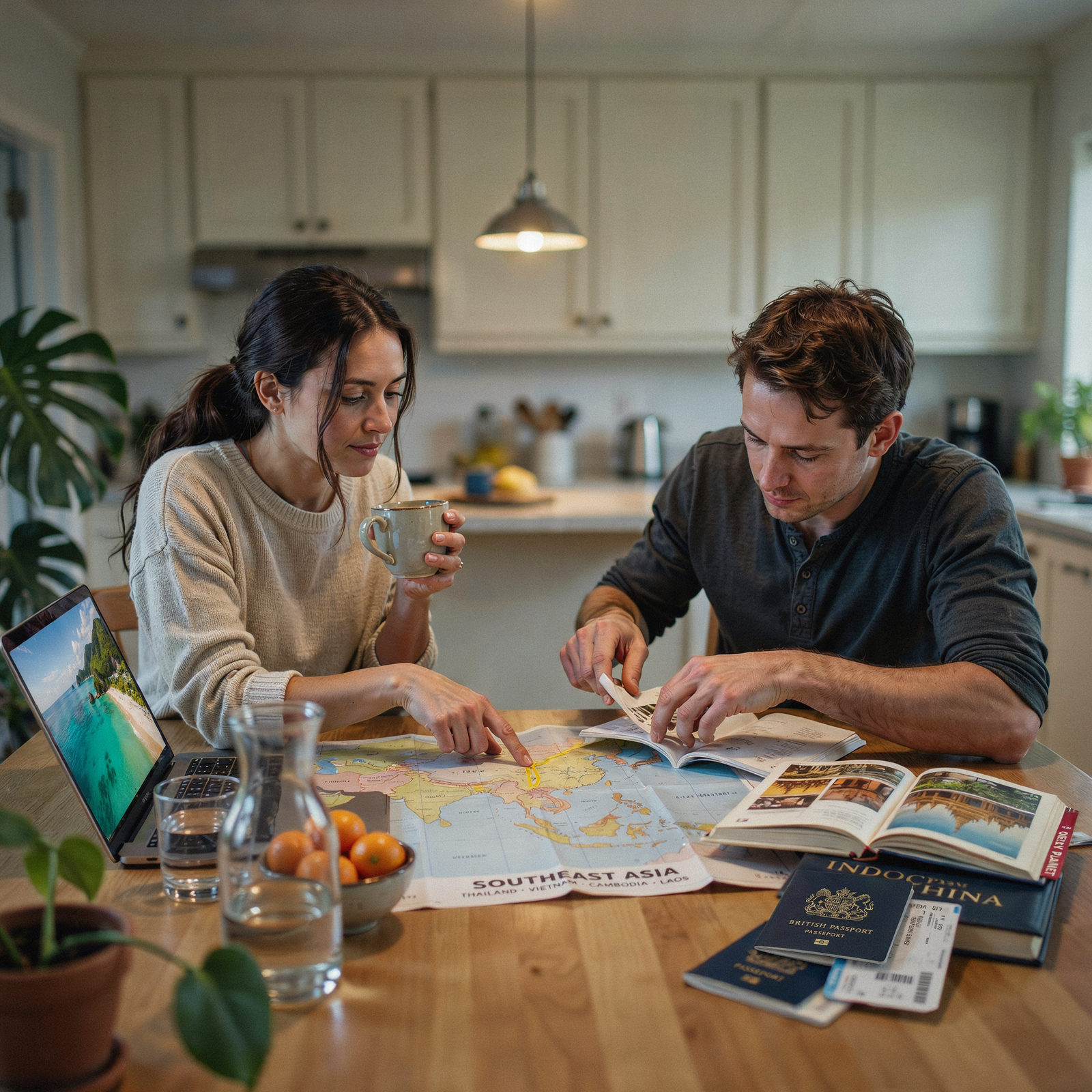 Couple reviewing travel health information and planning Southeast Asia vaccination schedule before their trip