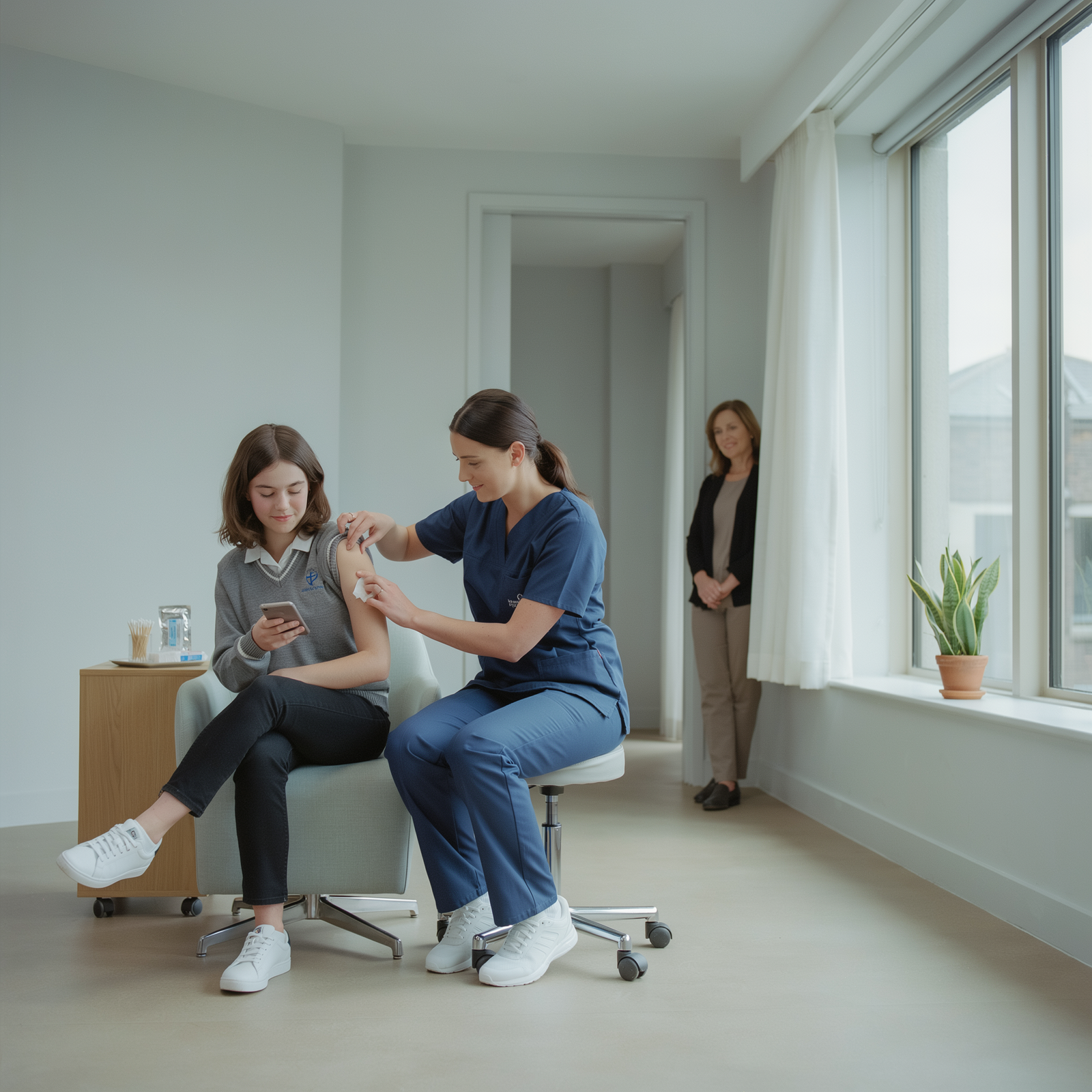 Teenage girl receiving private meningitis B vaccination at Edinburgh clinic, pharmacist administering Bexsero while parent looks on