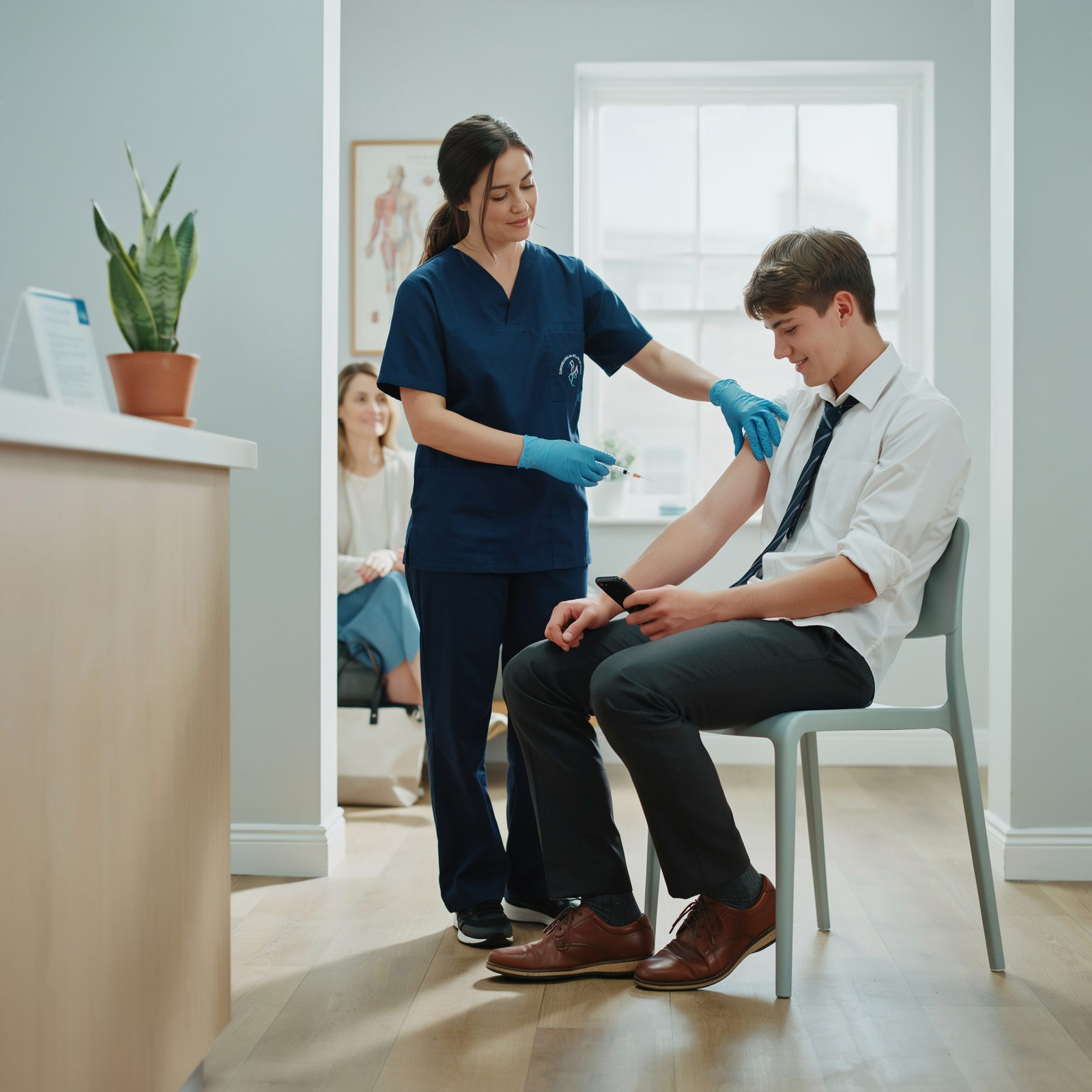 Nurse administering meningitis B vaccine to a young adult male patient at a private Edinburgh vaccination clinic