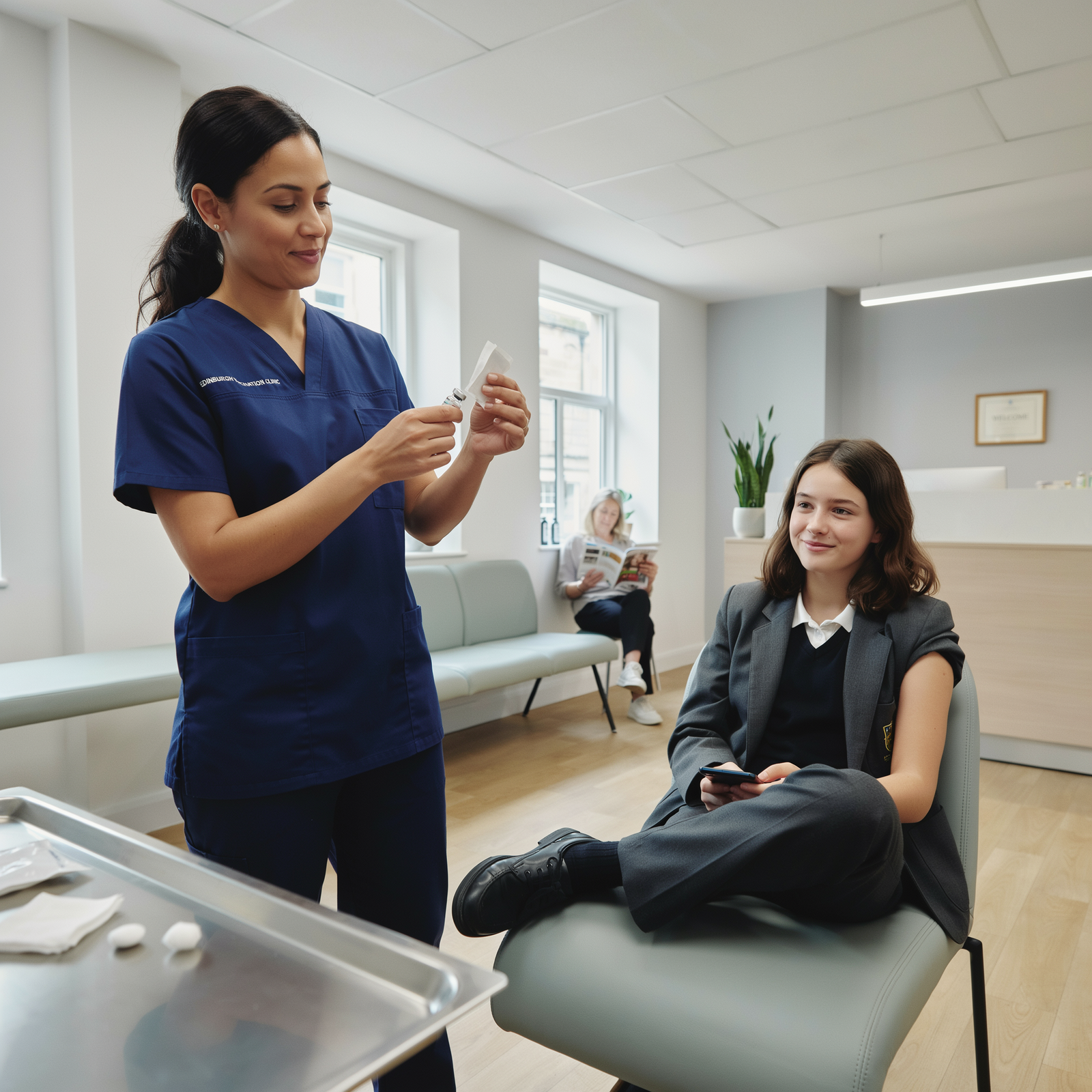 Edinburgh Vaccination Clinic pharmacist preparing Bexsero syringe for a young patient in the consultation room