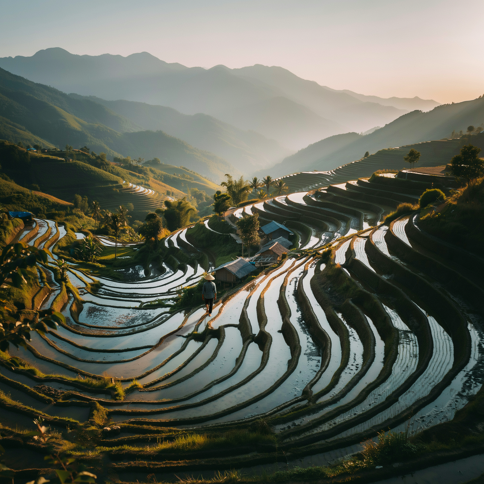 Aerial view of lush green rice terraces in Southeast Asia at golden hour, misty mountains in the background