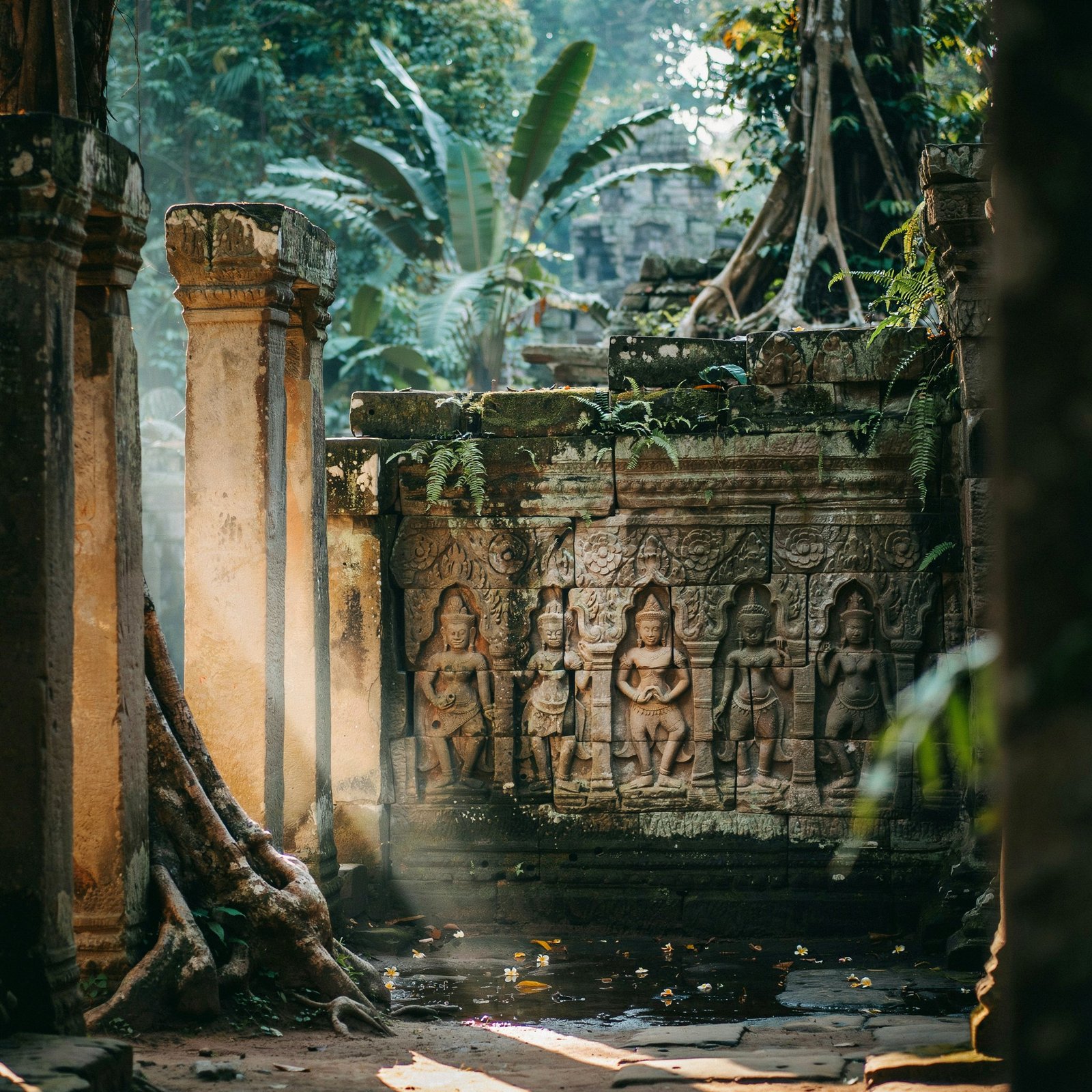 Ancient stone temple ruins in Southeast Asia covered in tropical jungle vegetation, Angkor Wat style architecture