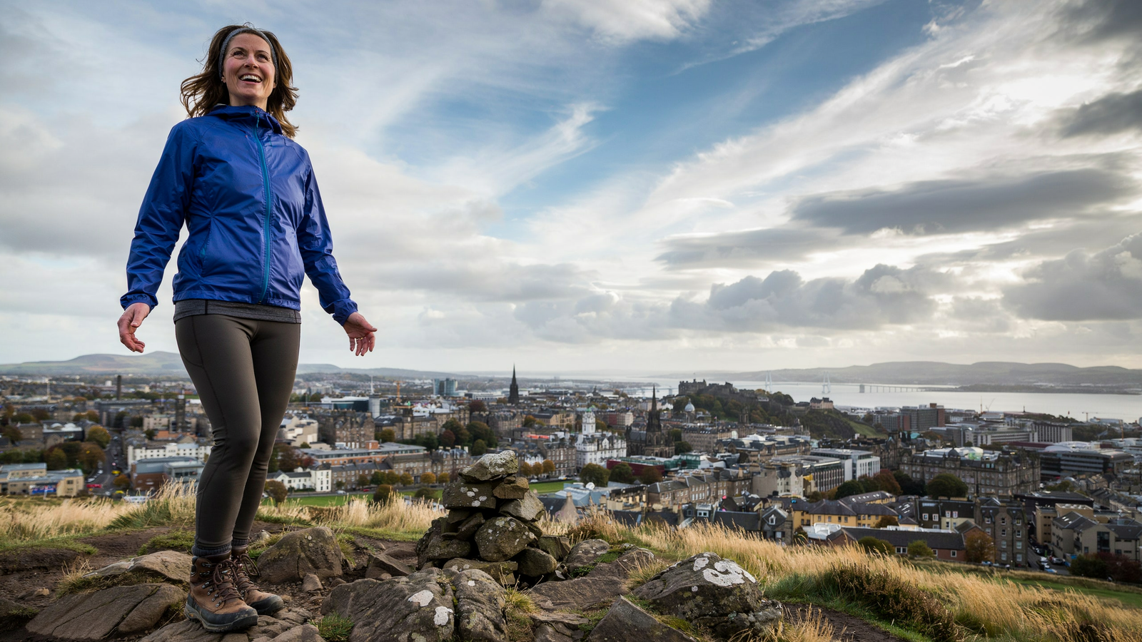 Woman standing at the summit of Arthur's Seat Edinburgh, triumphant after months of Mounjaro treatment progress