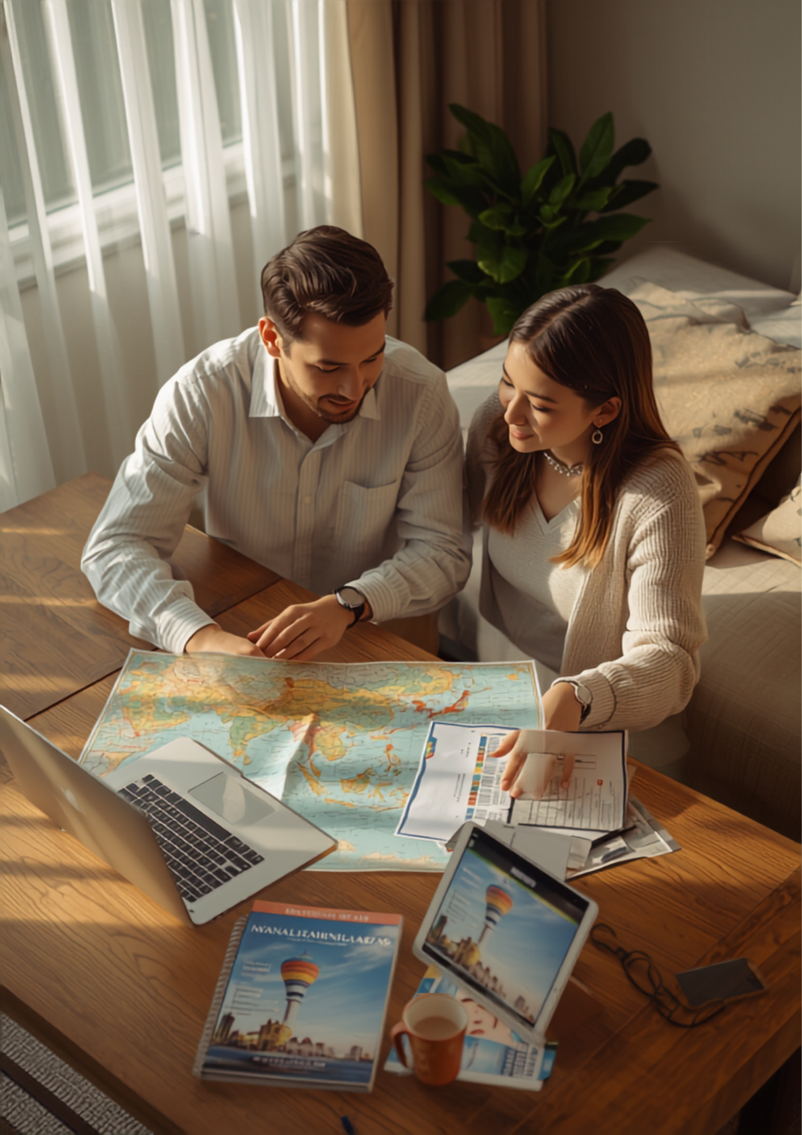 Couple poring over maps and travel guides planning a Southeast Asia trip, discussing their itinerary