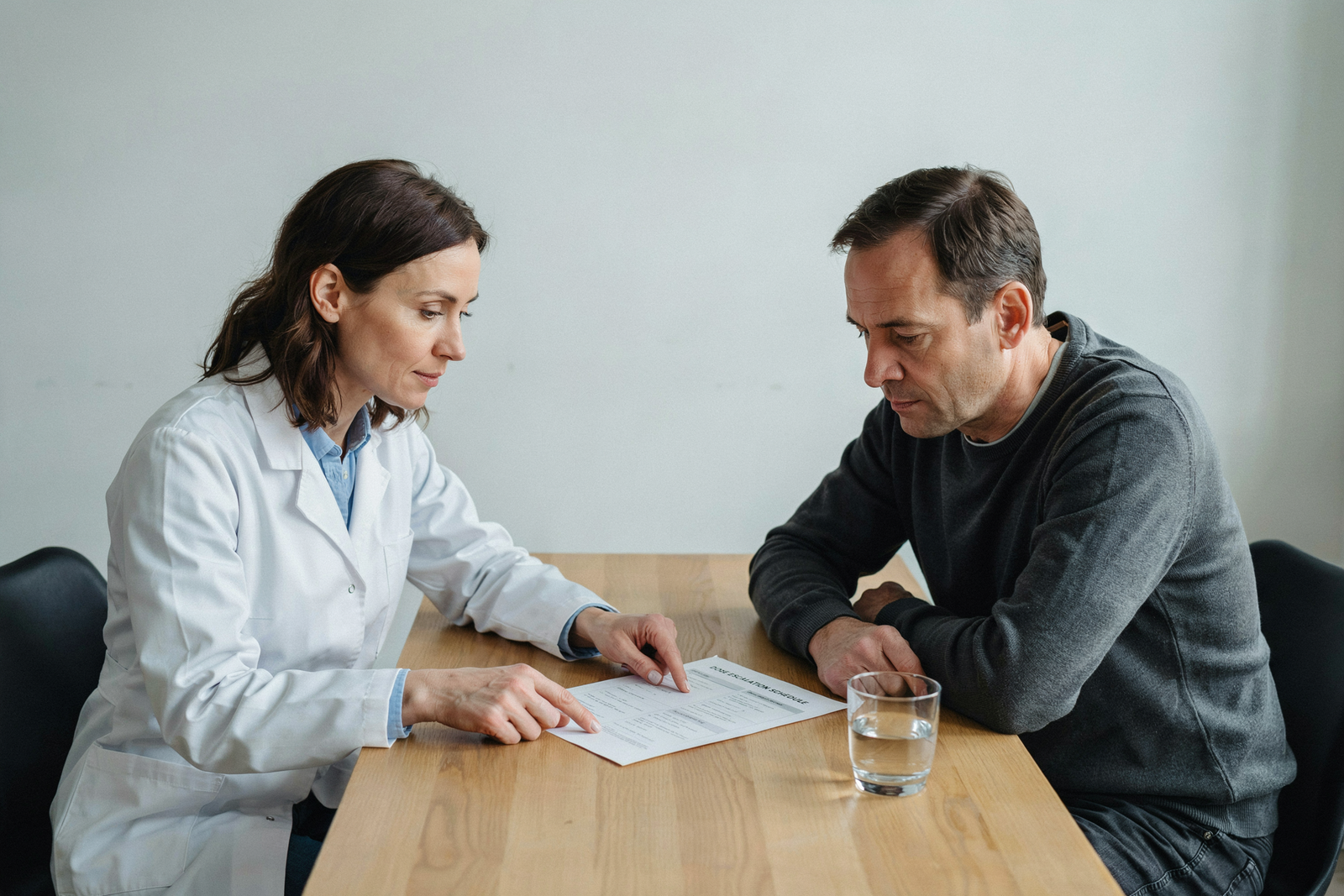 Pharmacist explaining a treatment schedule to a patient in Edinburgh