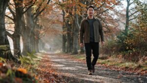 Adult walking on a woodland path on Corstorphine Hill in Edinburgh on a bright autumn morning, feeling well the day after a COVID-19 vaccine
