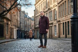Older adult walking along the Royal Mile in Edinburgh on a crisp autumn morning, planning this winter's flu and Covid vaccines