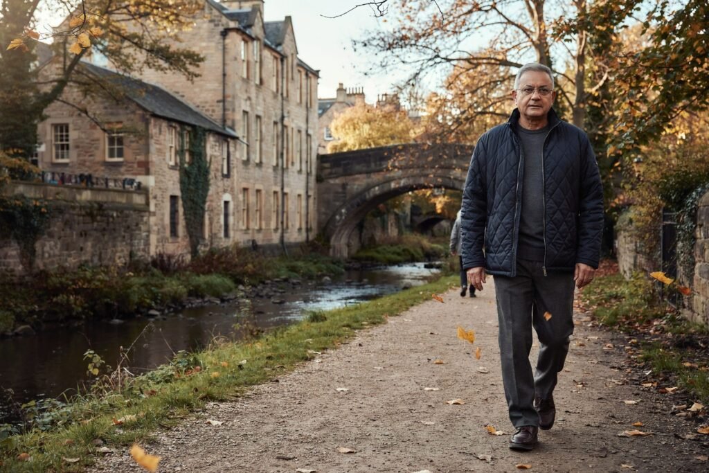 Older adult walking along the Water of Leith path near Dean Village in Edinburgh on a crisp autumn morning, the season for flu vaccination