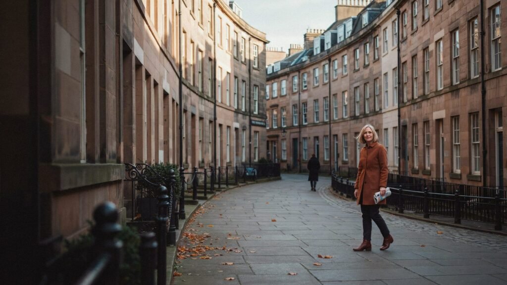 Adult walking through Edinburgh's New Town on a crisp autumn morning, Georgian terraces behind, during the 2026/27 flu vaccination season